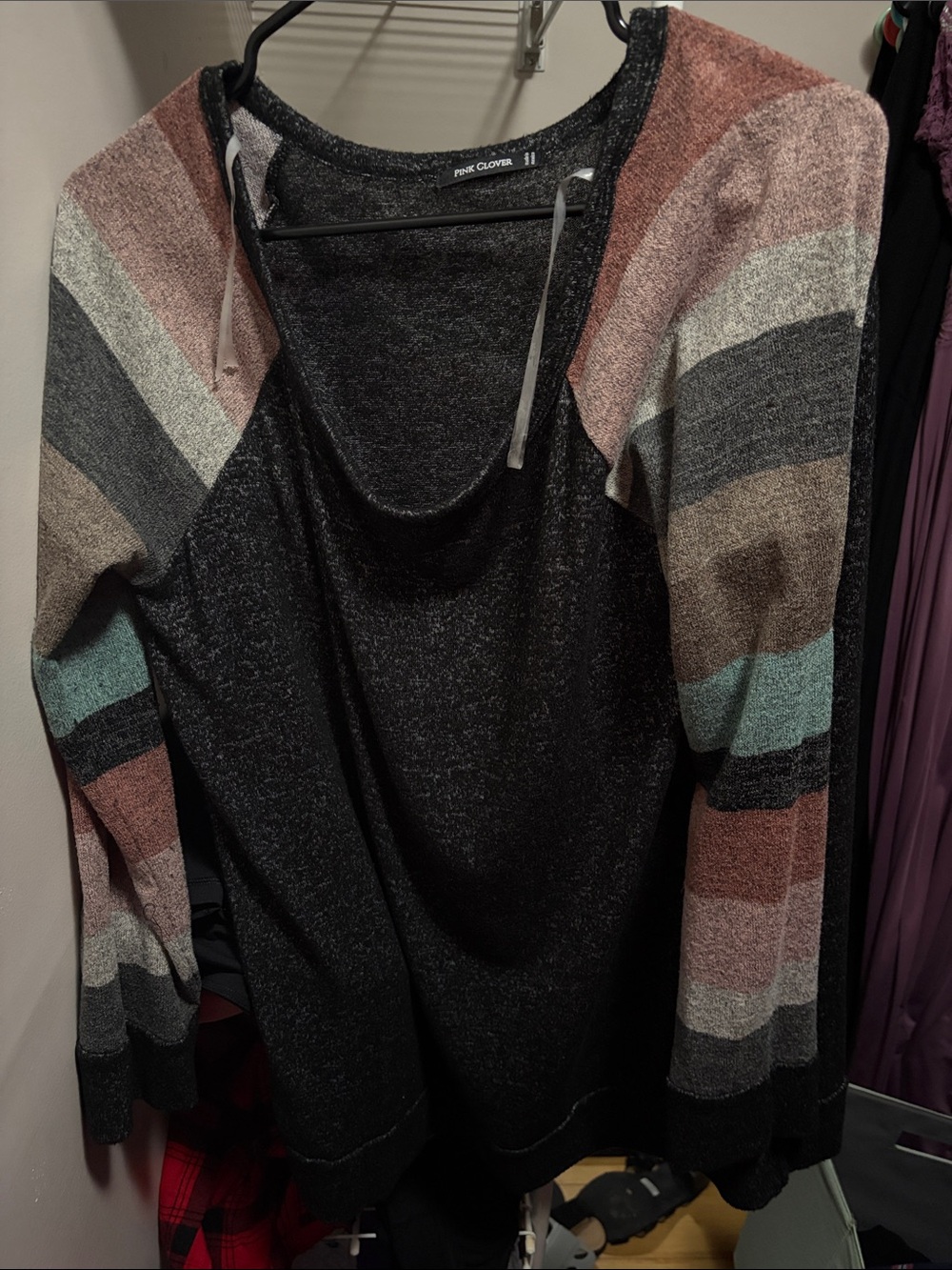 Pink Clover Black Sweater with Multicolor Striped Sleeves